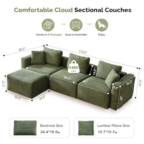 Convertible Corduroy L-Shaped Sectional Sofa with Ottoman G459822