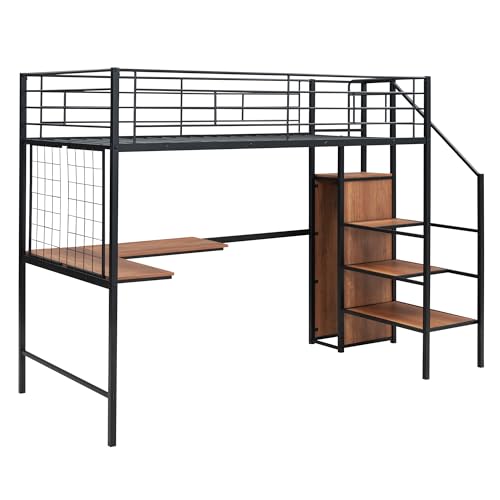 Twin Size Black Metal Loft Bed with Wardrobe and L-Shape Desk B6697