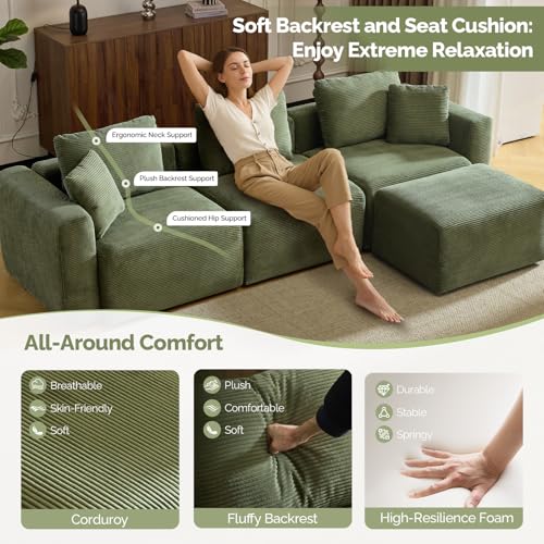 Convertible Corduroy L-Shaped Sectional Sofa with Ottoman G459822