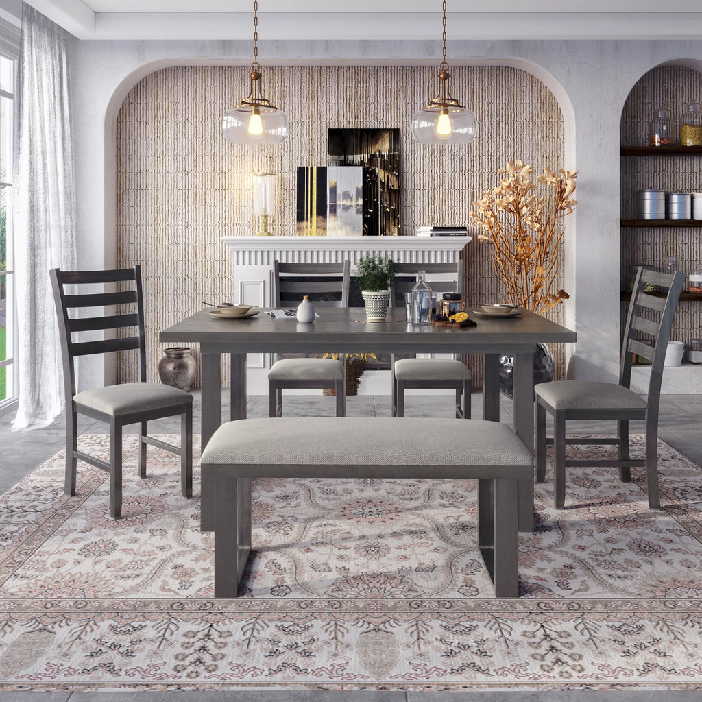 Solid Wood Dining Room Set with Table Chairs and Bench A6081