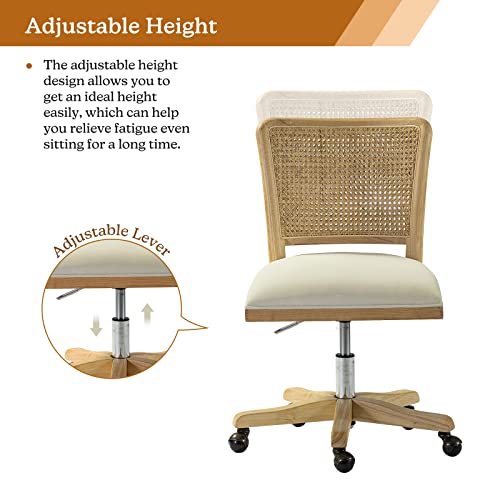 Upholstered Armless Swivel Desk Chair with Rattan Mid-Back L941