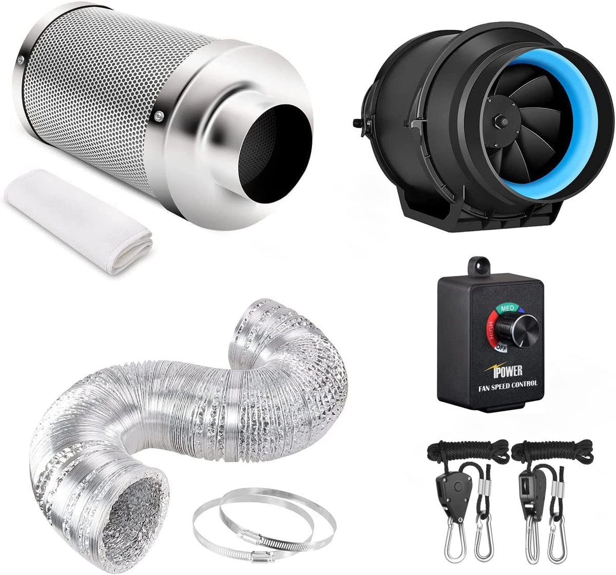 4 Inch 118 CFM Inline Fan Carbon Filter 8 Feet Ducting Combo S36452