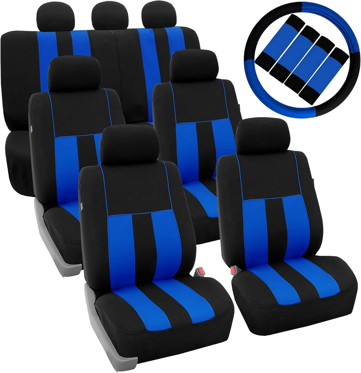 Blue Black Striped Car Seat Covers and Steering Wheel Cover Set C858
