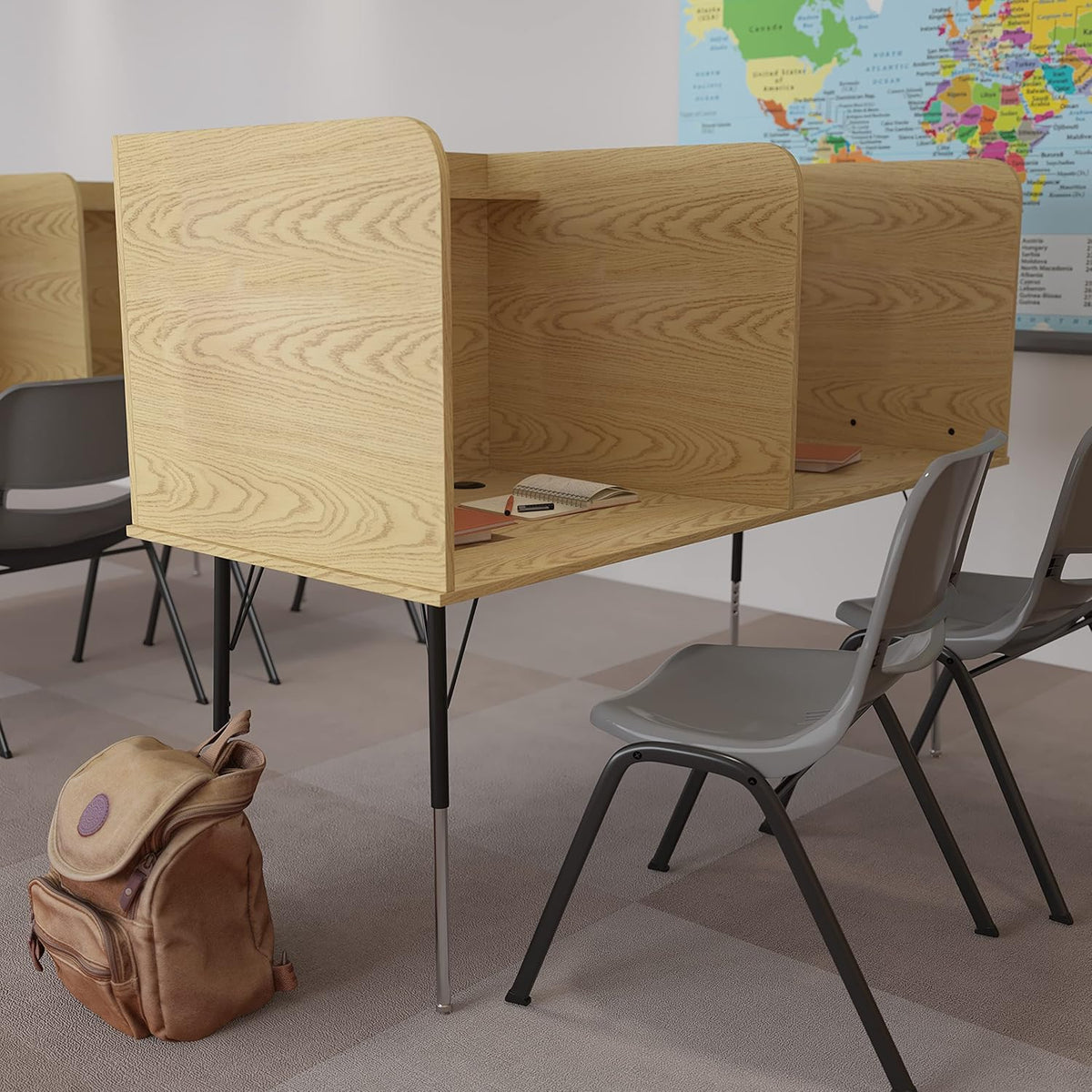 Oak Finish Double Study Carrel with Height Adjustable Legs N26398