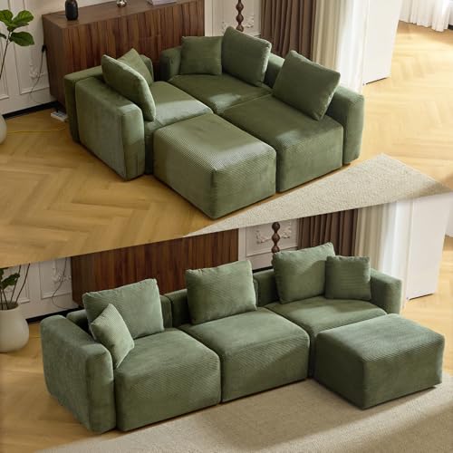 Convertible Corduroy L-Shaped Sectional Sofa with Ottoman G459822