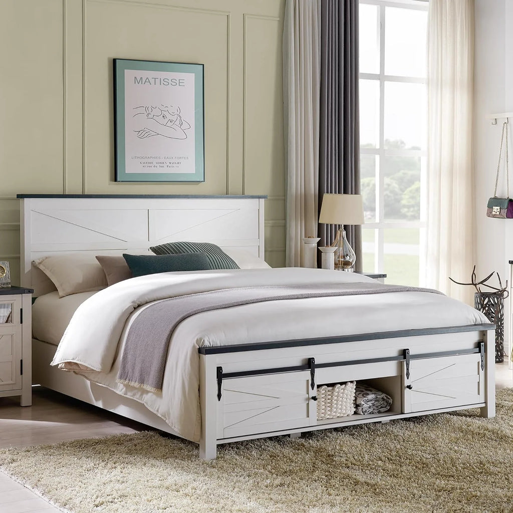 White King Size Platform Bed Frame with Headboard and Storage W8997