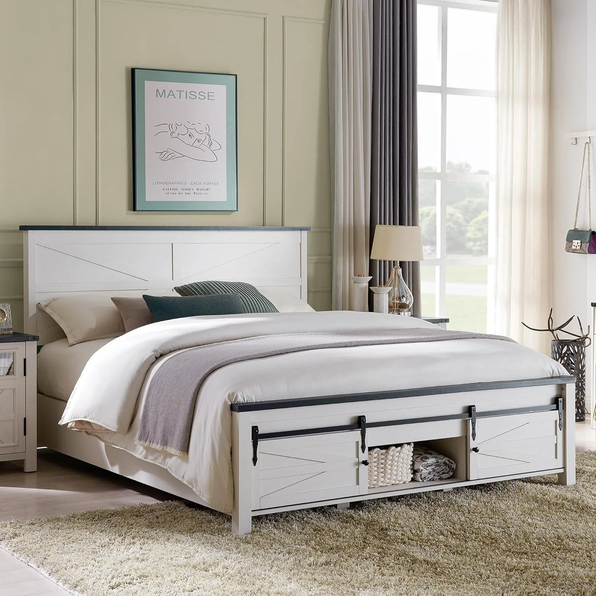 White King Size Platform Bed Frame with Headboard and Storage W8997