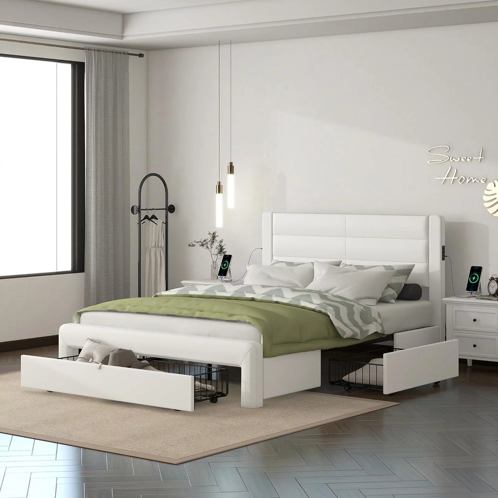 Queen Size Wood Bed Frame with 3 Storage Drawers U442