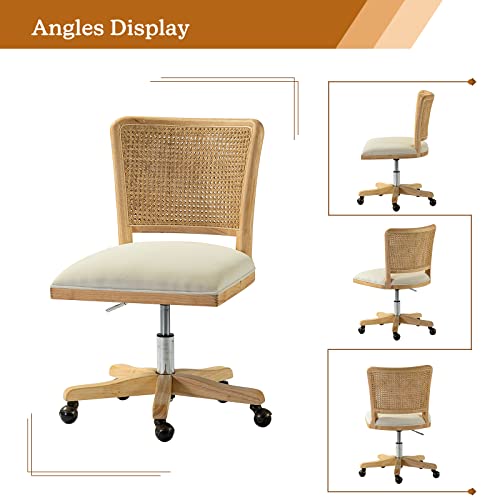Upholstered Armless Swivel Desk Chair with Rattan Mid-Back L941