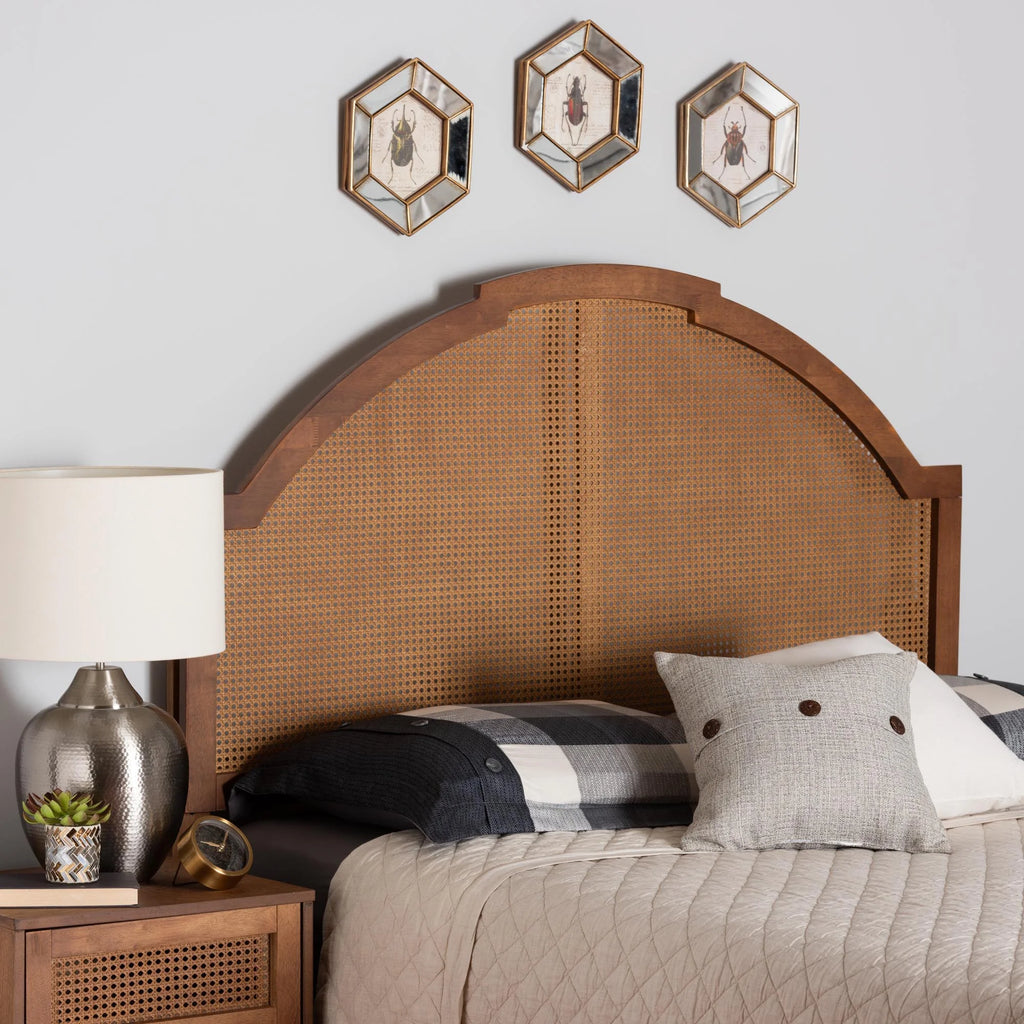 Ash Walnut Finished Wood Queen Size Headboard with Rattan X8316