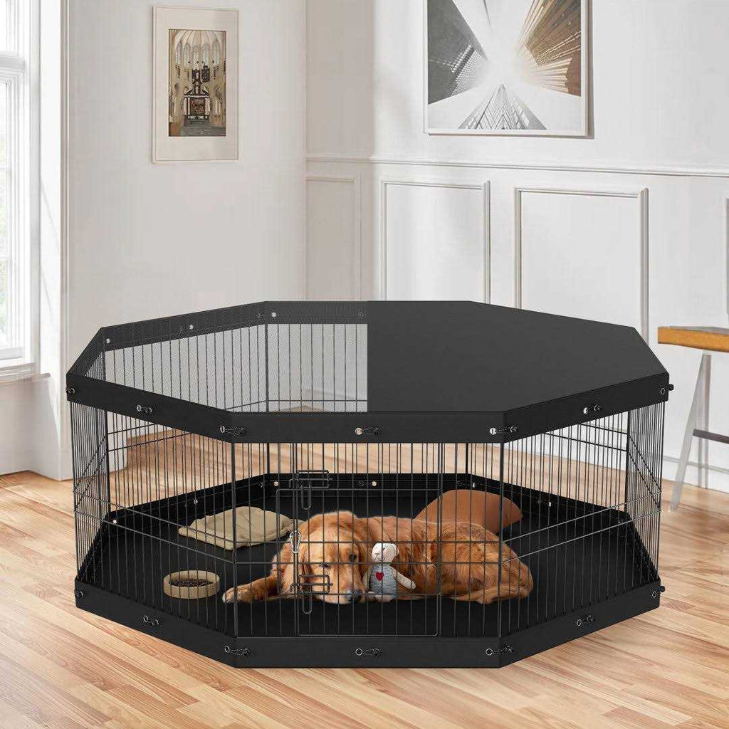 Foldable Metal Dog Playpen with Top Cover and Bottom Pad Q705926