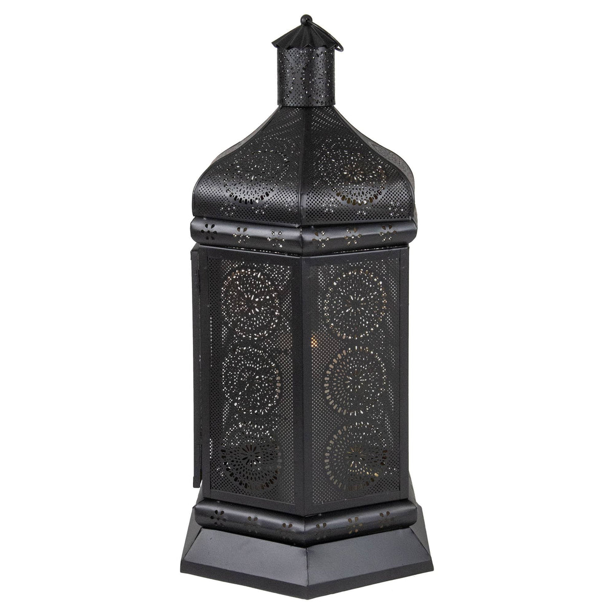 Black and Gold Floral Cut-Out Pillar Candle Lantern S503525