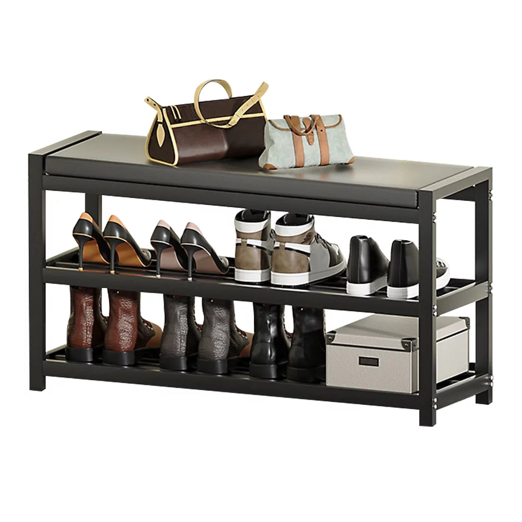 2-Tier Gray Shoe Rack Bench with Vegan Leather Seat B462