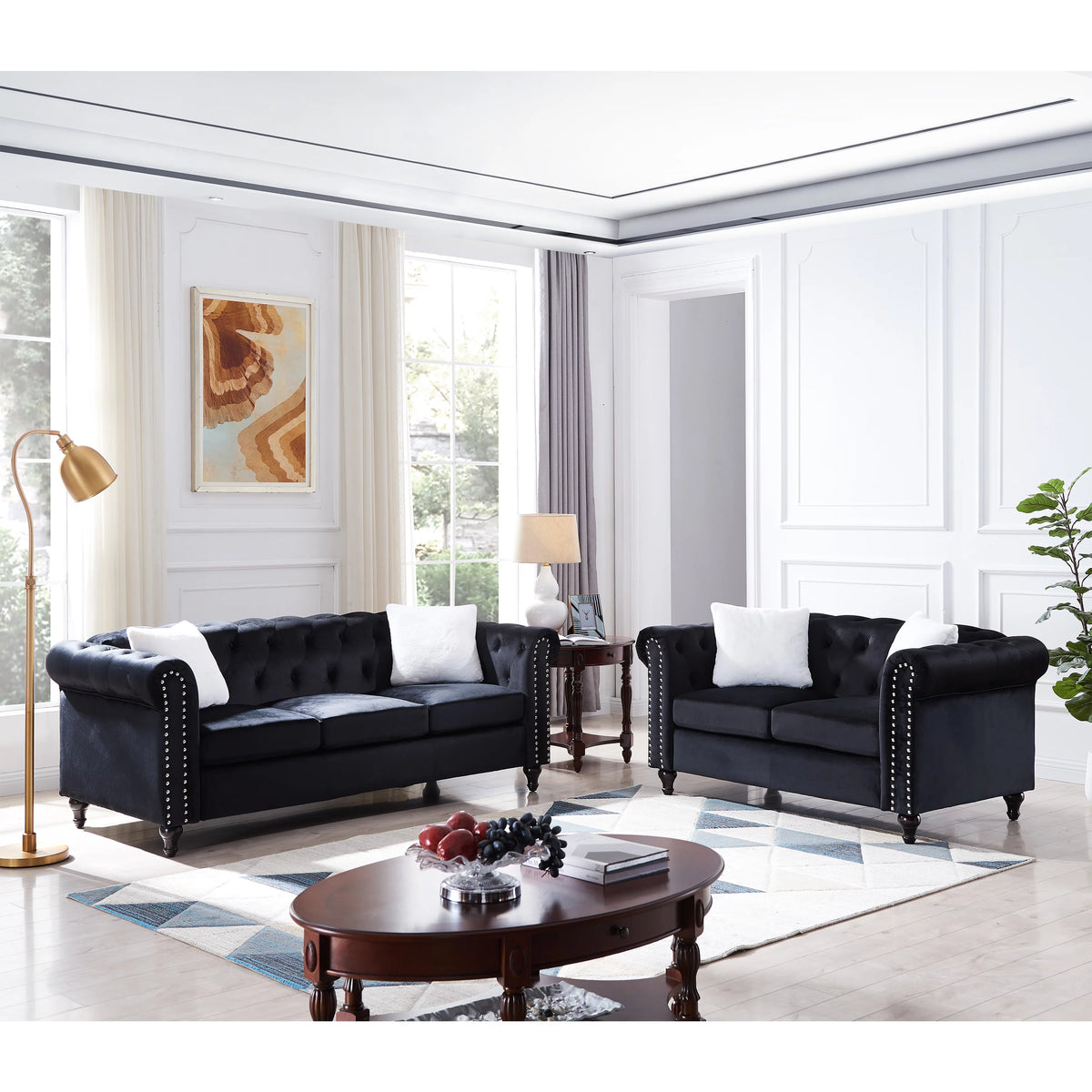 Black 2 Piece Sofa Set with 4 White Pillows H992916