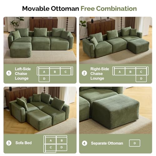 Convertible Corduroy L-Shaped Sectional Sofa with Ottoman G459822