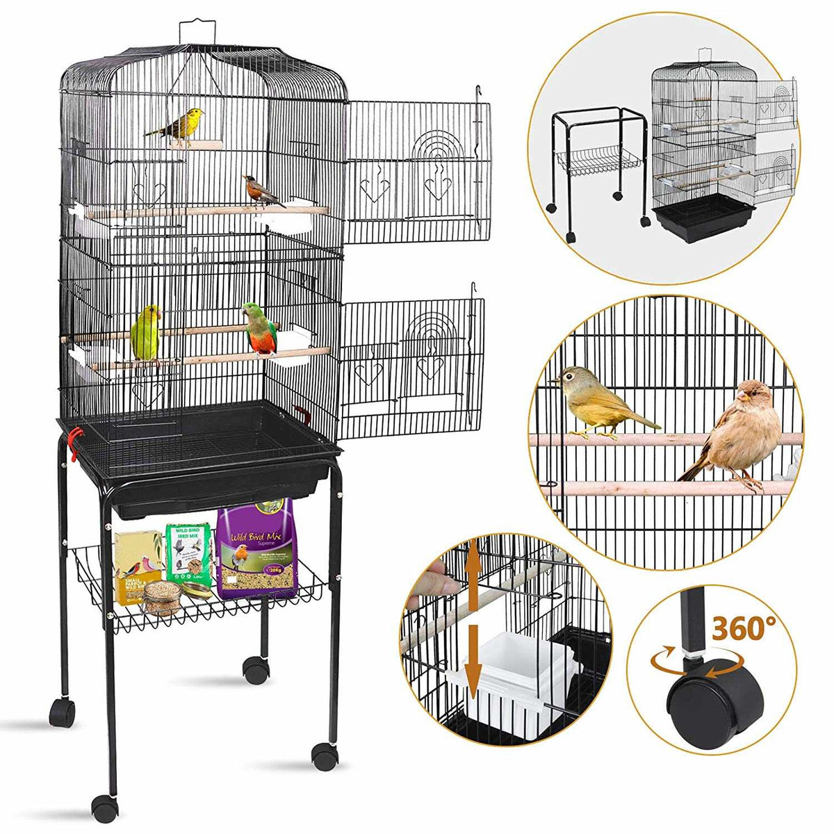 59.3” Black Wrought Iron Bird Cage with Rolling Stand O606827