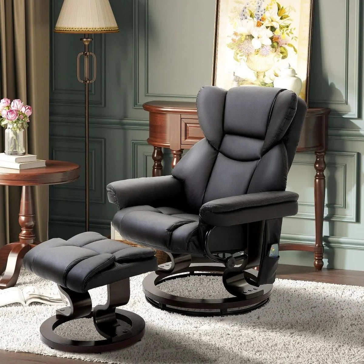 Black Faux Leather Remote Massage Recliner Chair with Ottoman C411692