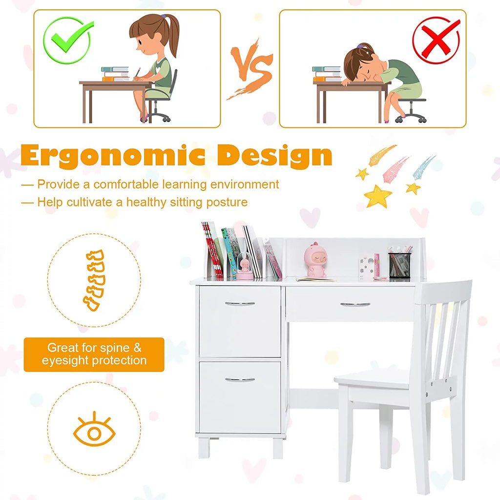 Kids Wooden Desk and Chair Set with Drawer & Storage Cabinets R35075