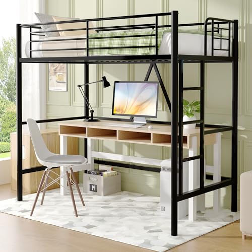 Twin Size Off White Metal Loft Bed with Ladder and Guardrail O5514