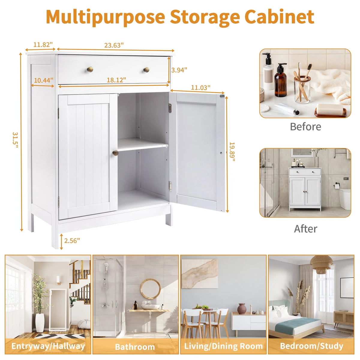 White Wooden 2-Door Bathroom Cabinet with 1 Drawer F3956