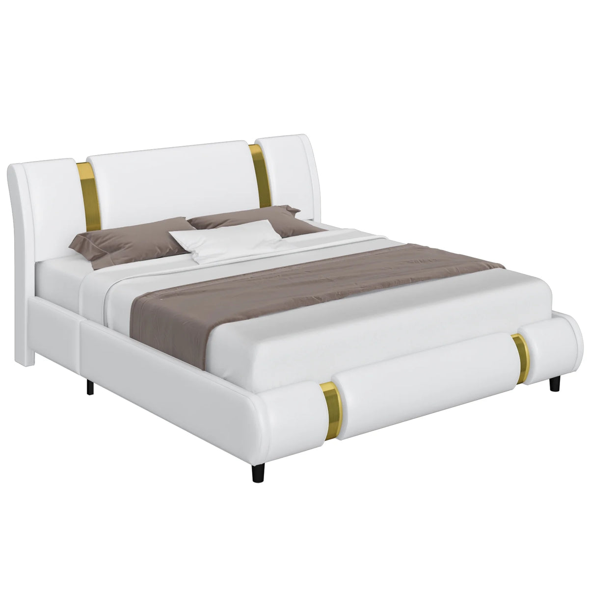 Full Size Leather Upholstered Platform Bed Frame with White Headboard L4695