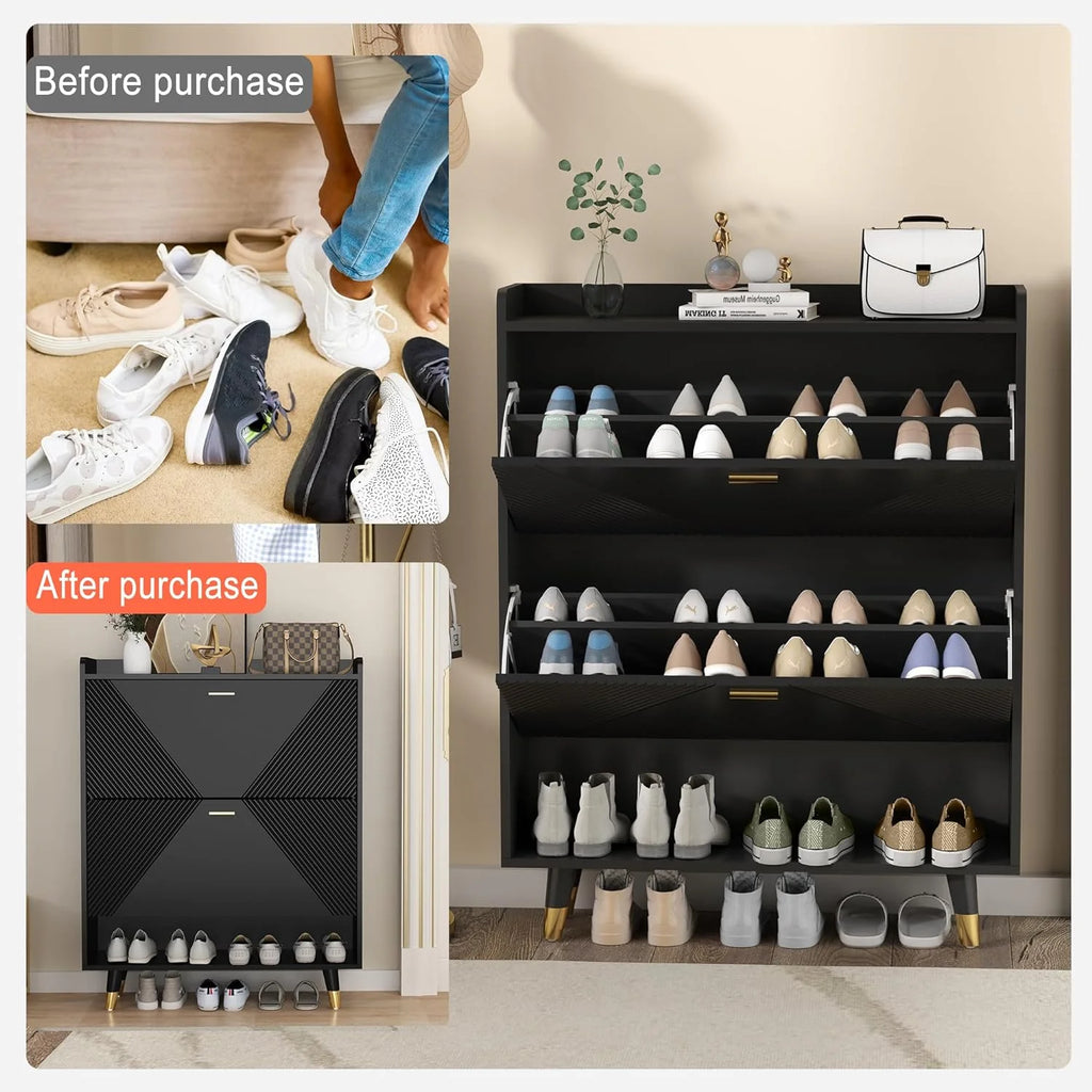 Black Slim 2 Flip Drawer Wood Shoe Cabinet C612297