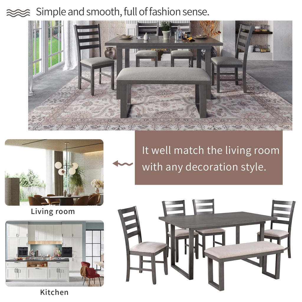 Solid Wood Dining Room Set with Table Chairs and Bench A6081