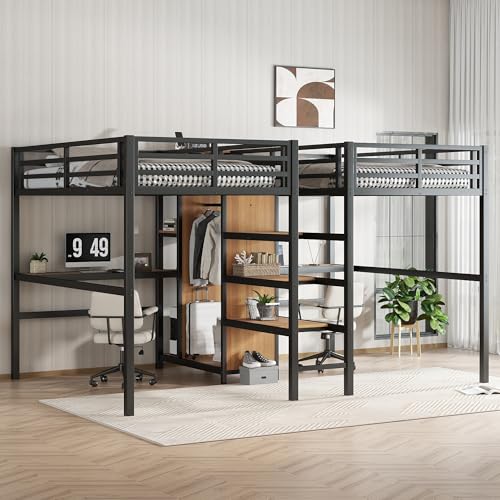 Twin Over Twin Metal Loft Bed with Desk and Wardrobe Z622209