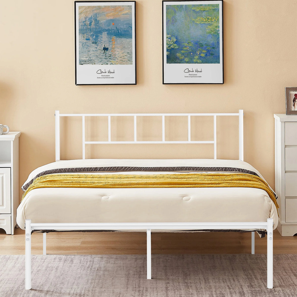 White Full Size Metal Platform Bed Frame with Headboard R613453