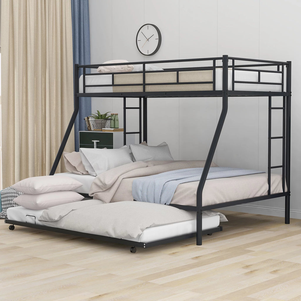 Black Metal Twin over Full Bunk Bed with Trundle and 2 Ladders B5605