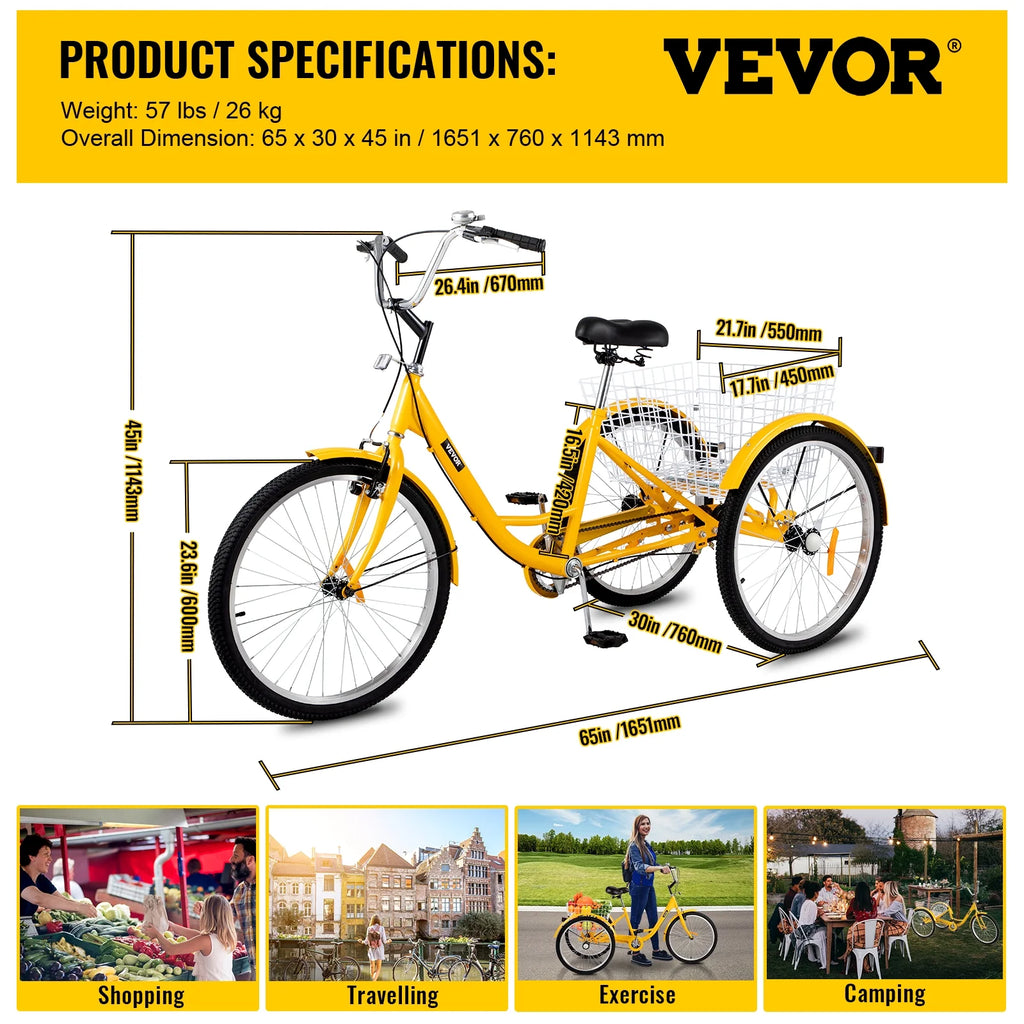 24 inch 1-Speed Yellow Adult Tricycle with Cargo Basket X5315