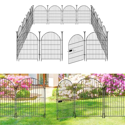 Black 32 in 16 Panels Rustproof Metal Wire Garden Fence Animal Barrier with Gate M552