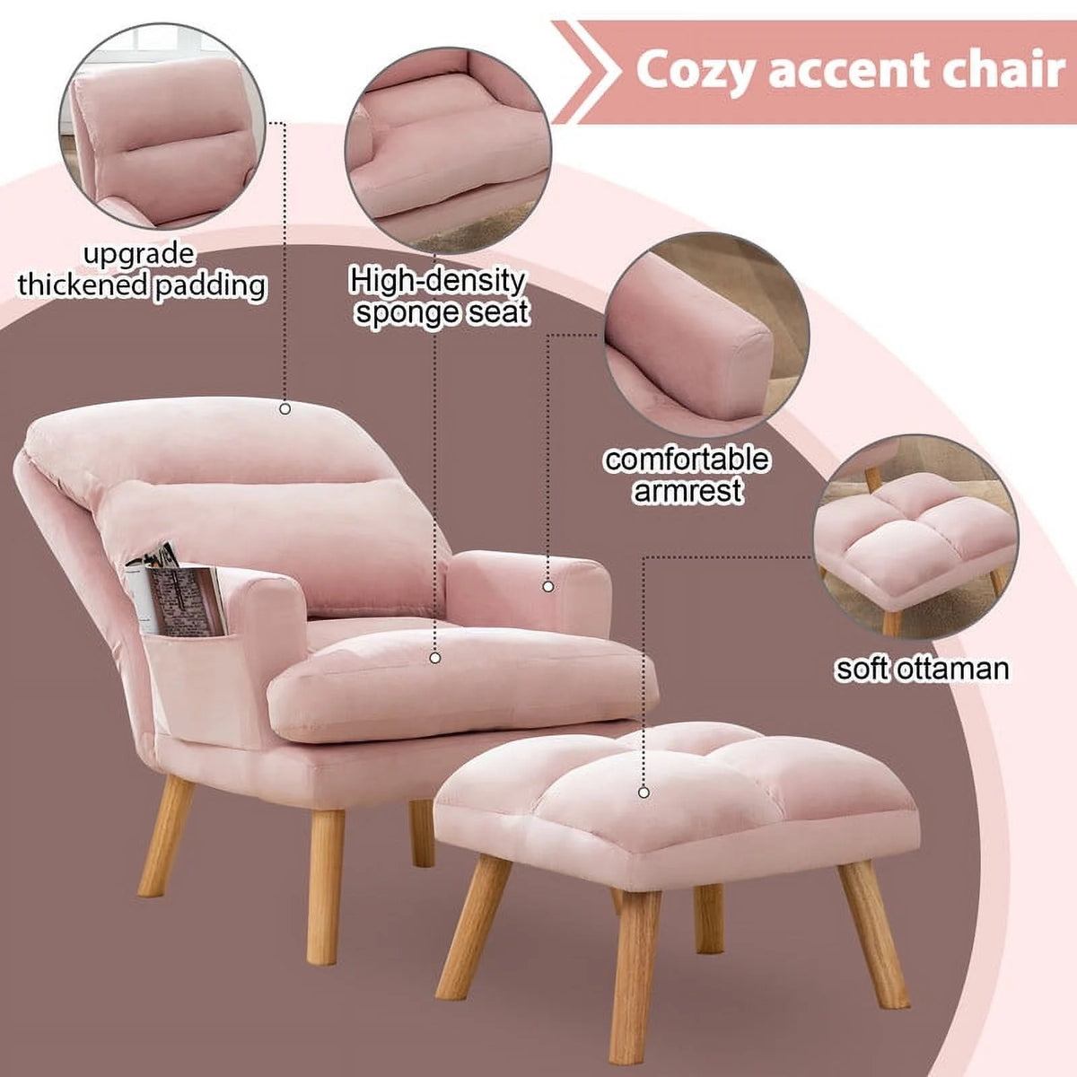 Beige Velvet Accent Chair with Ottoman J478