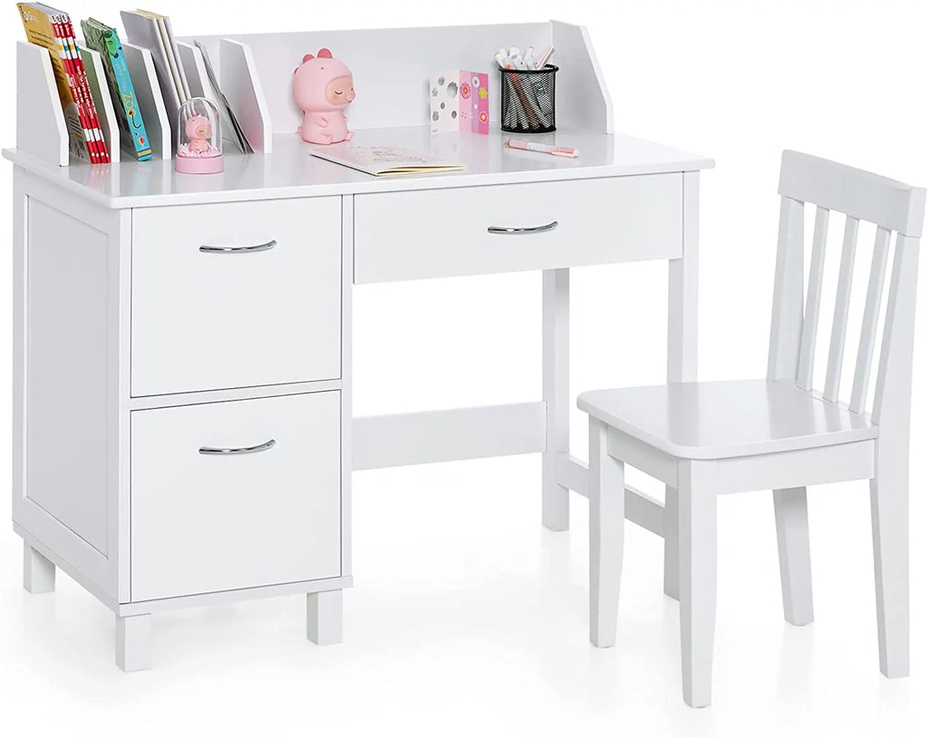 Kids Wooden Desk and Chair Set with Drawer & Storage Cabinets R35075