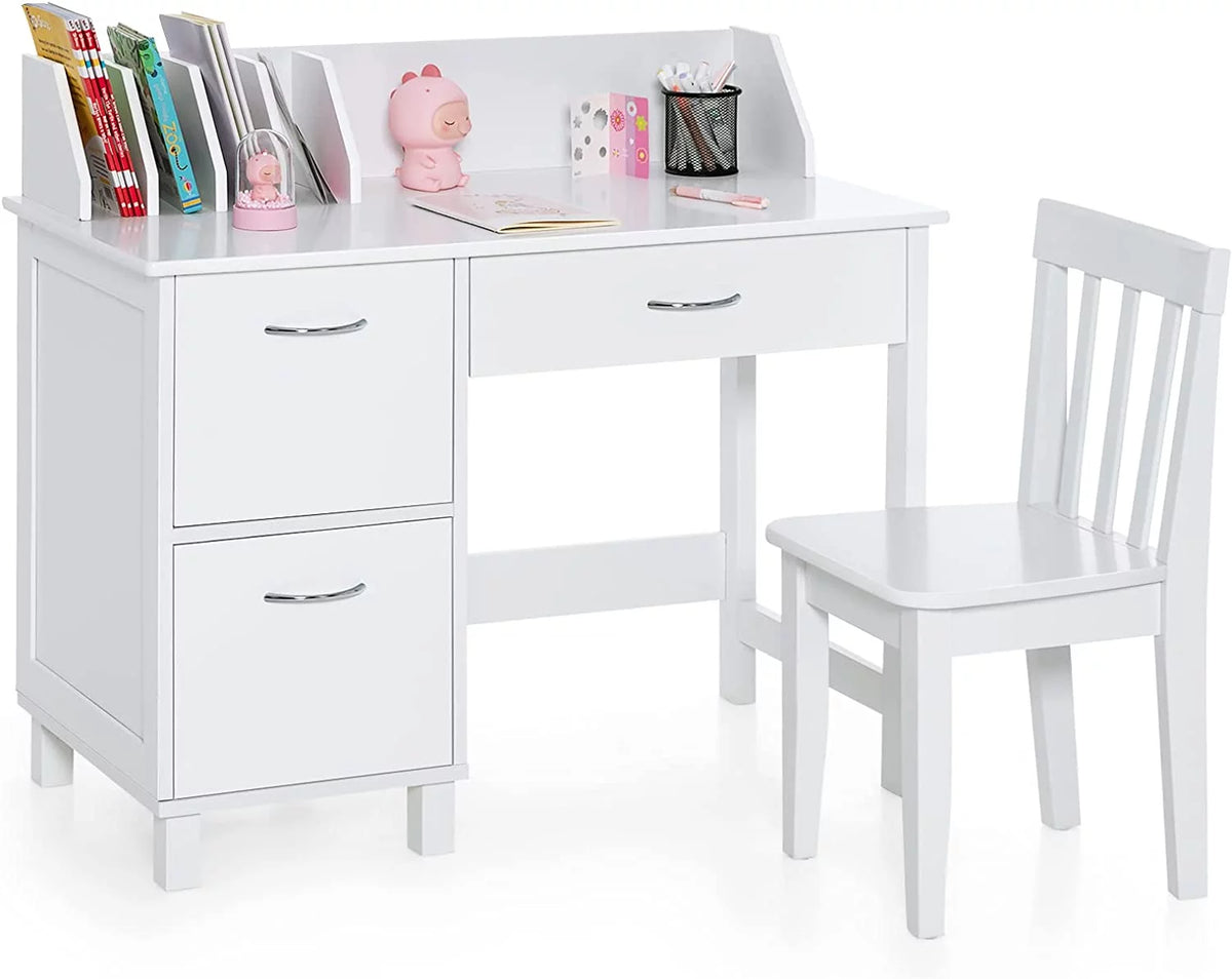 Kids Wooden Desk and Chair Set with Drawer & Storage Cabinets R35075