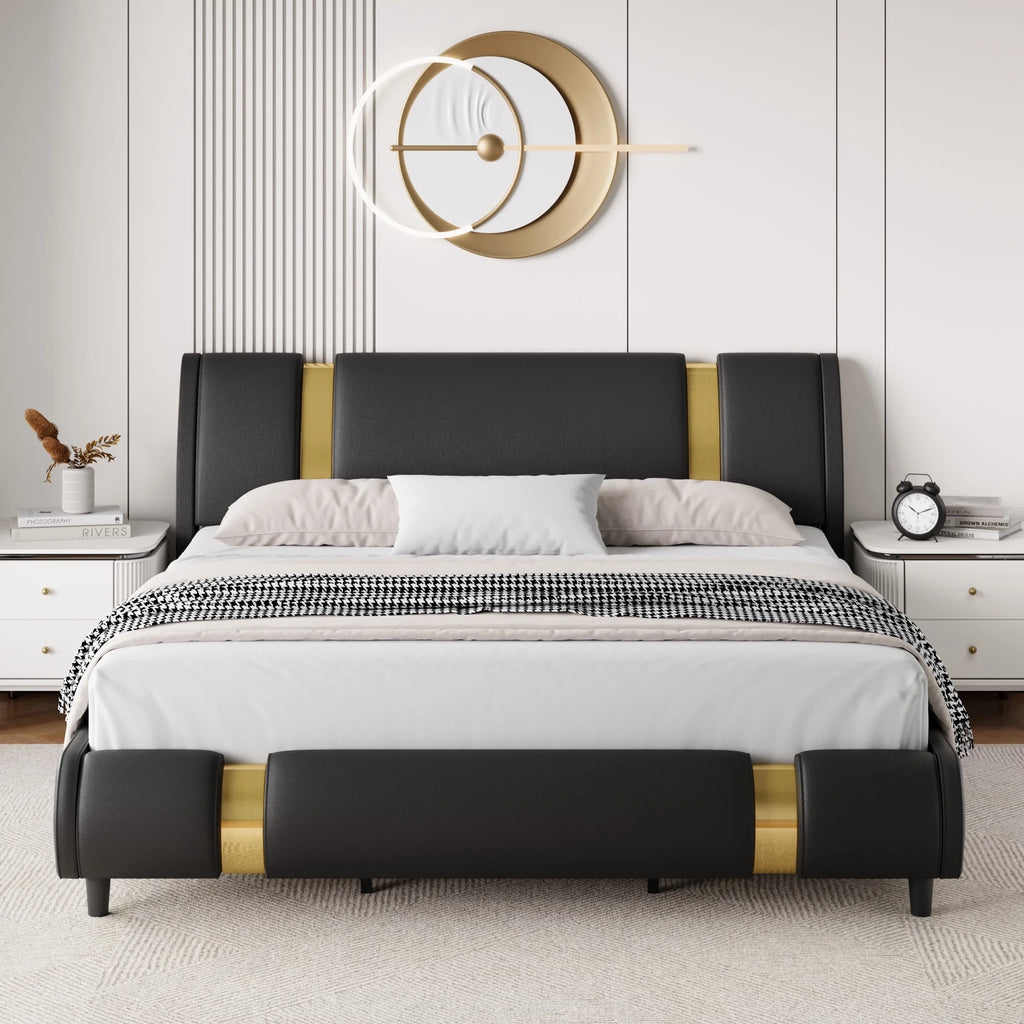 Full Size Leather Upholstered Platform Bed Frame with White Headboard L4695