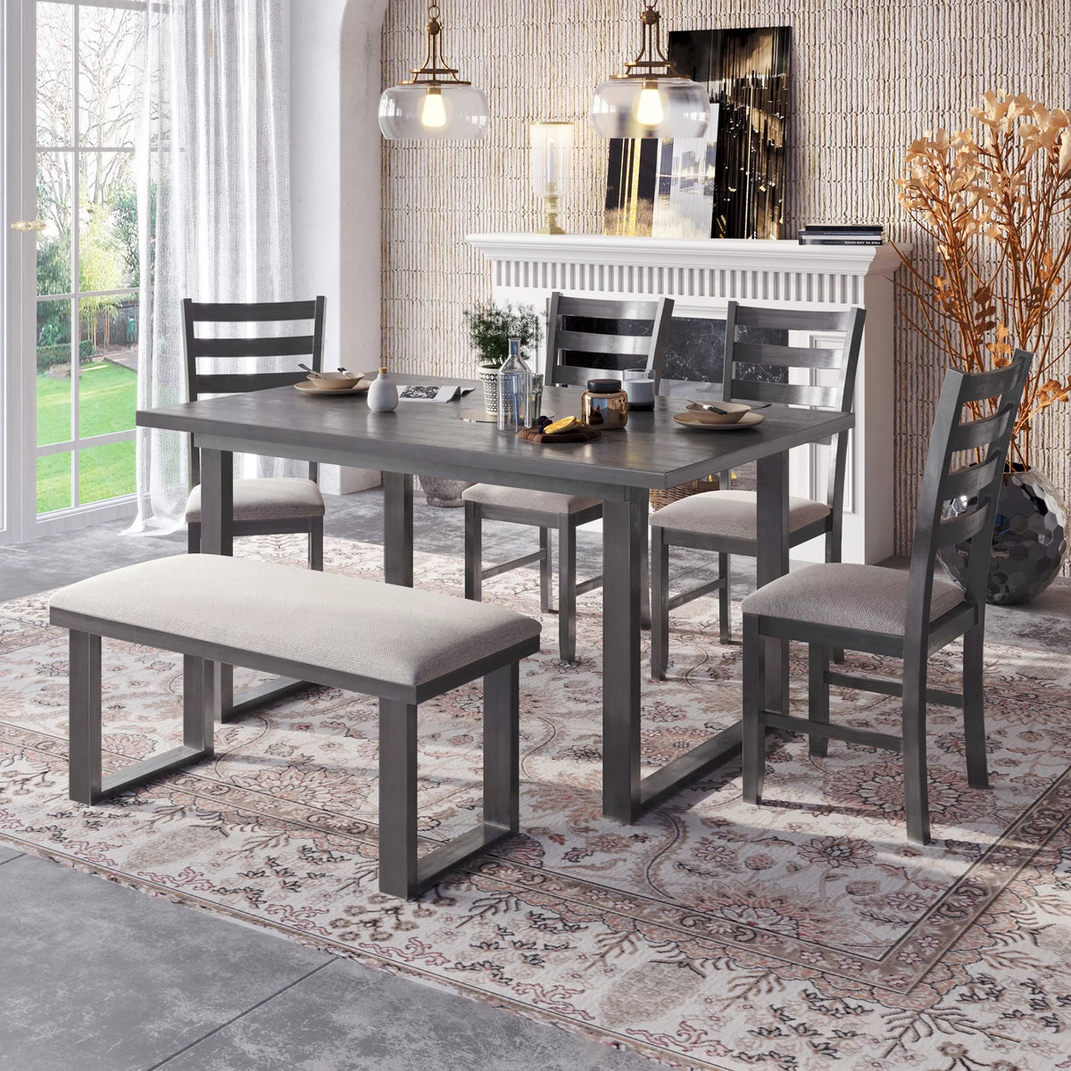 Solid Wood Dining Room Set with Table Chairs and Bench A6081
