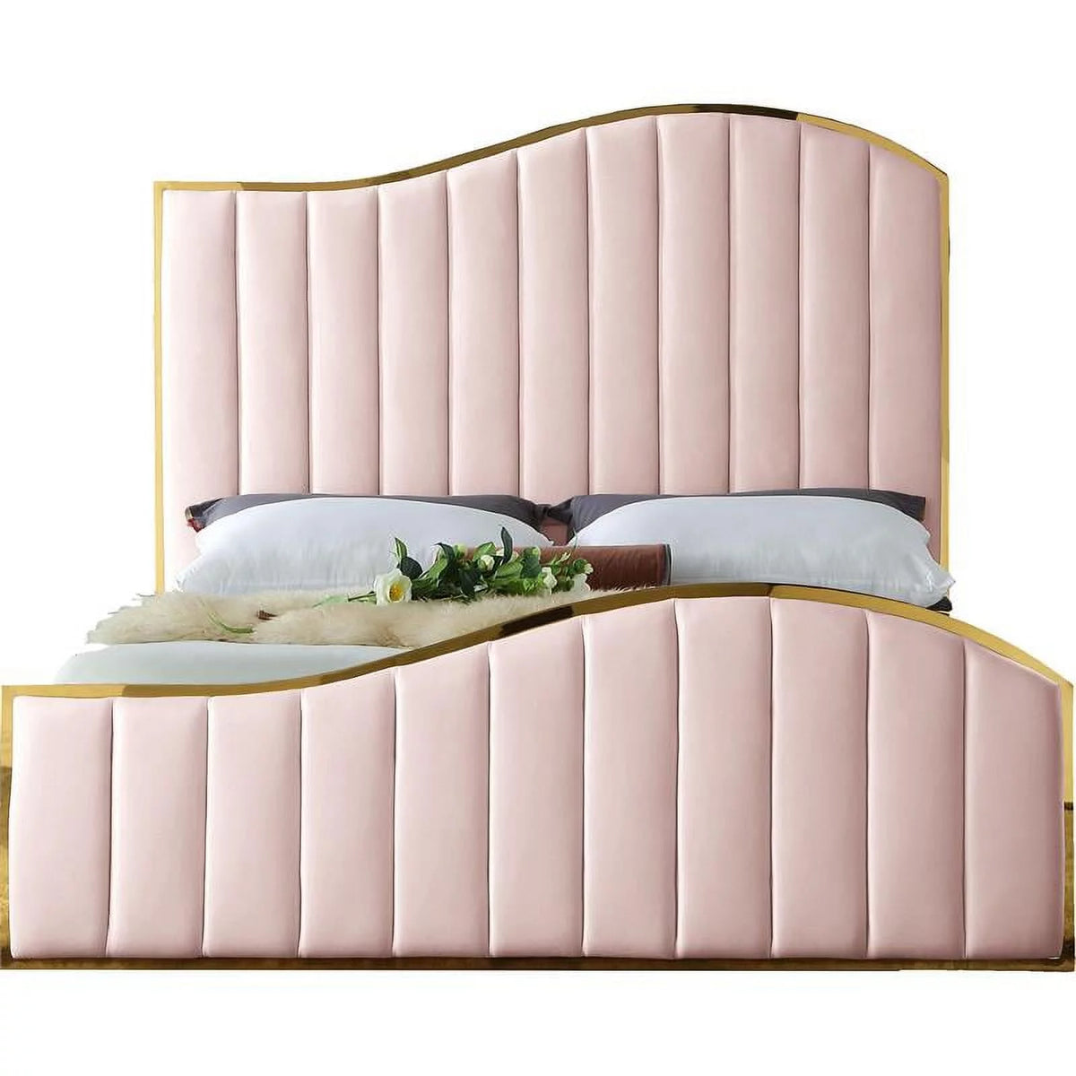 Solid Wood and Velvet King Bed in Pink D9226