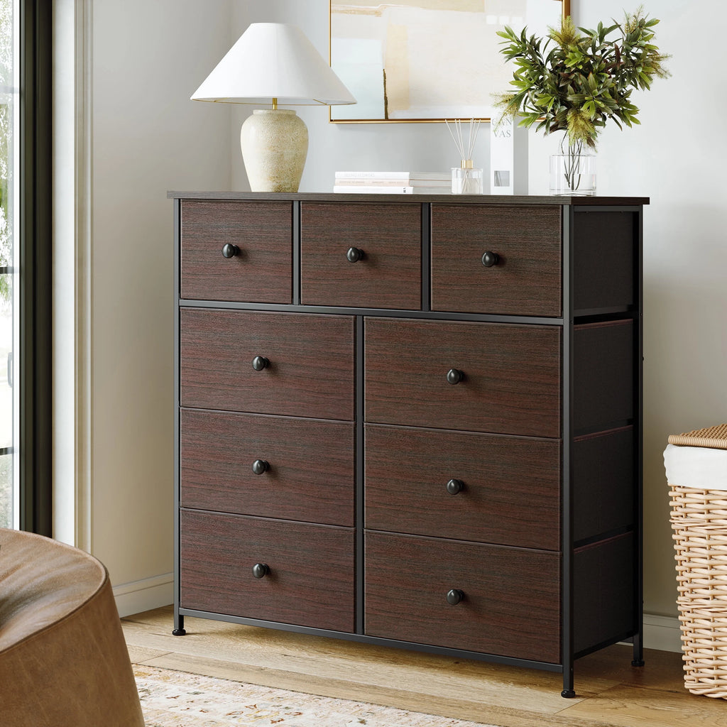 9 Drawer Fabric Dresser with Leather Finish D356