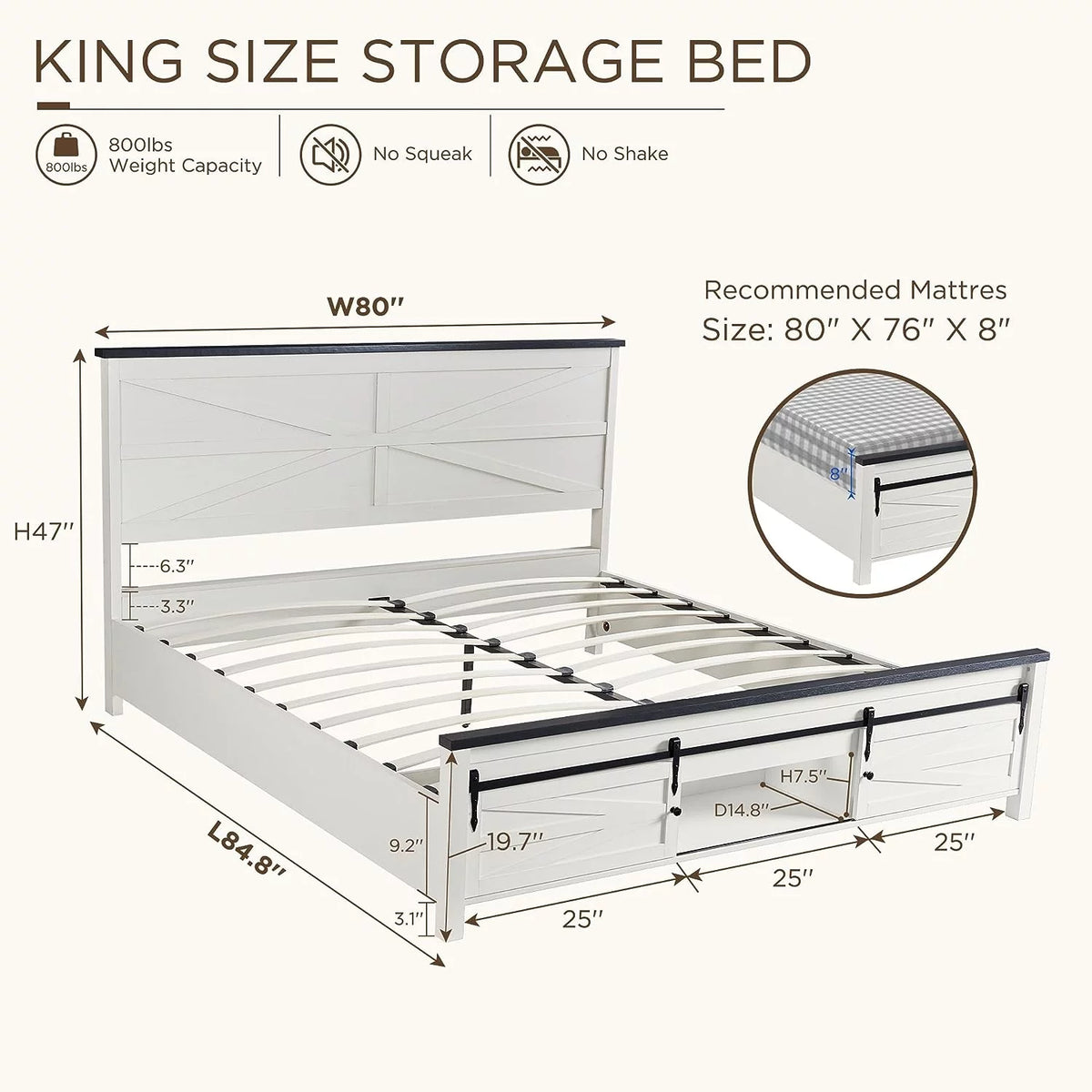 White King Size Platform Bed Frame with Headboard and Storage W8997