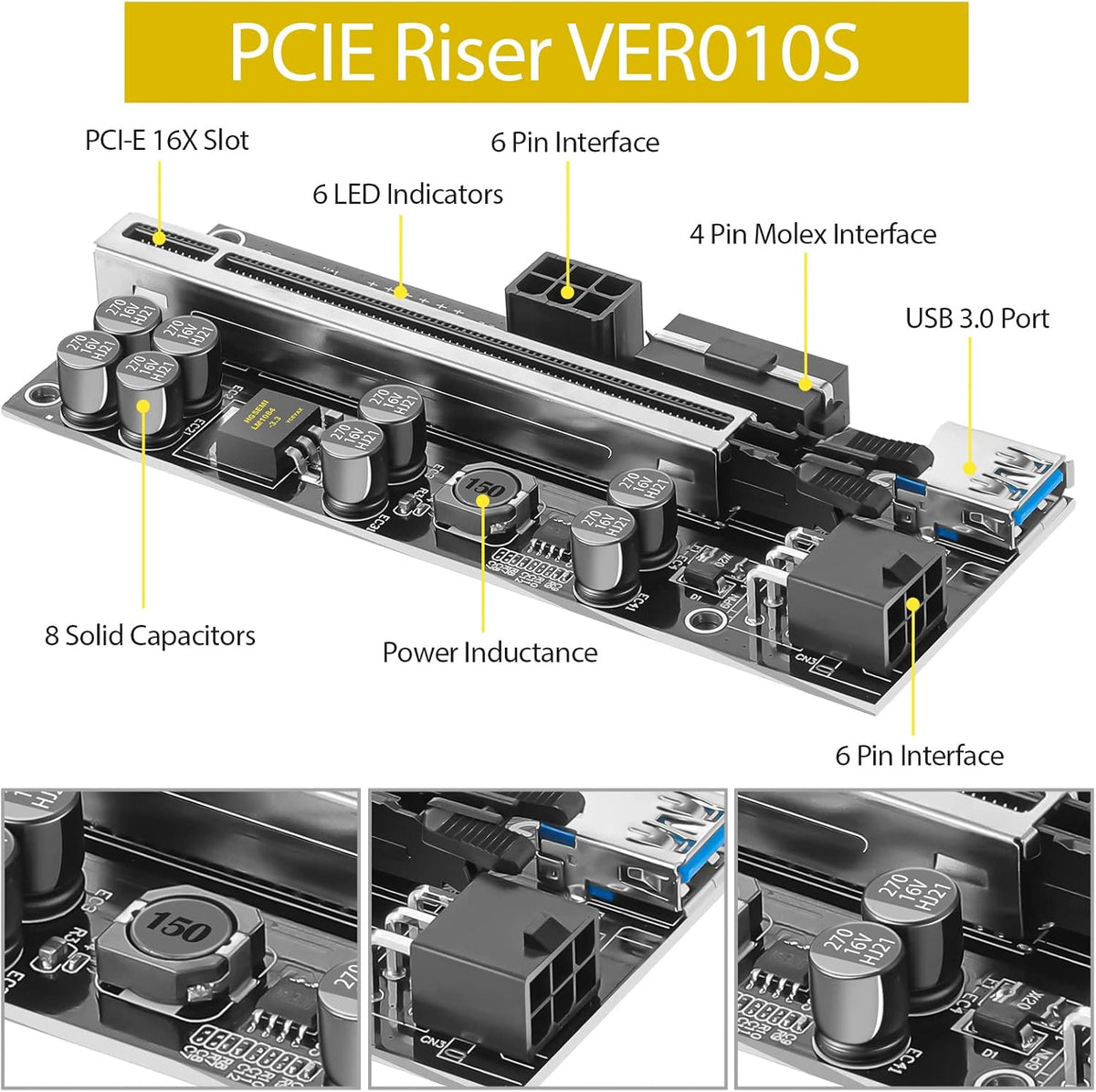 PCIE 1 to 4 Adapter Riser Card with 24 Inches USB 3.0 Cable, 5 Pack A224