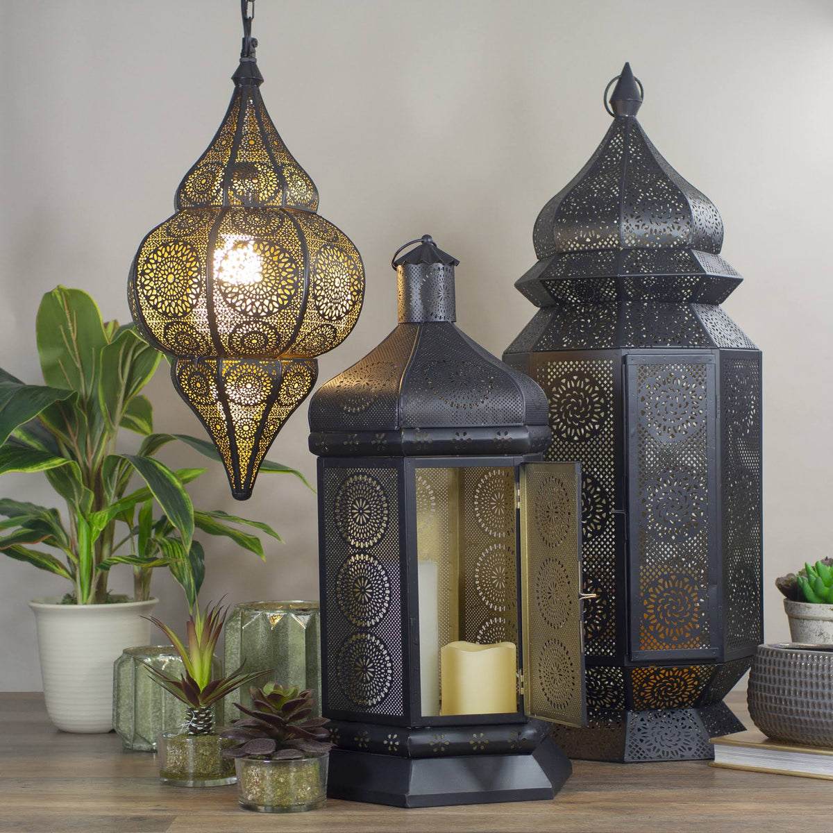 Black and Gold Floral Cut-Out Pillar Candle Lantern S503525