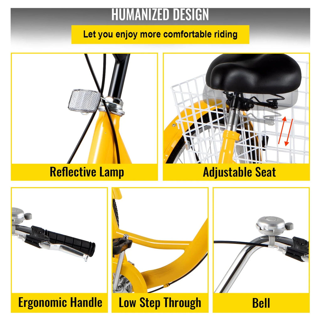 24 inch 1-Speed Yellow Adult Tricycle with Cargo Basket X5315