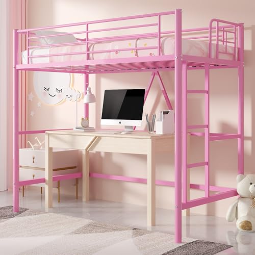 Twin Size Off White Metal Loft Bed with Ladder and Guardrail O5514