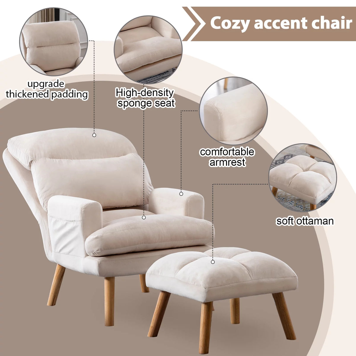 Beige Velvet Accent Chair with Ottoman J478