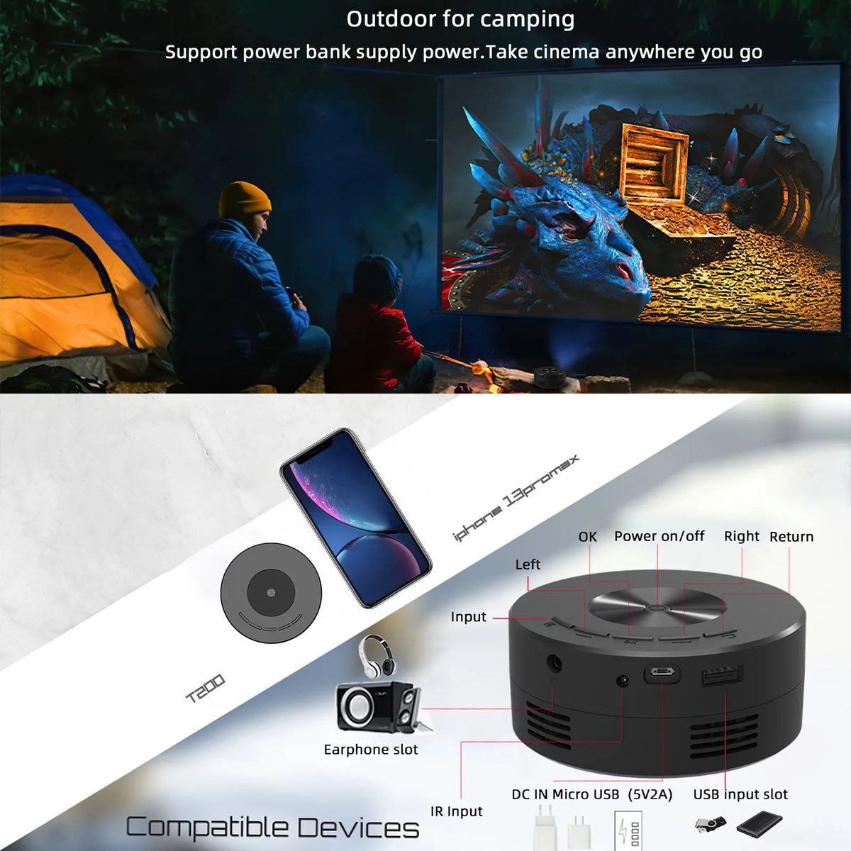 Portable Mini Projector with Remote Control Built-in Speaker W57799