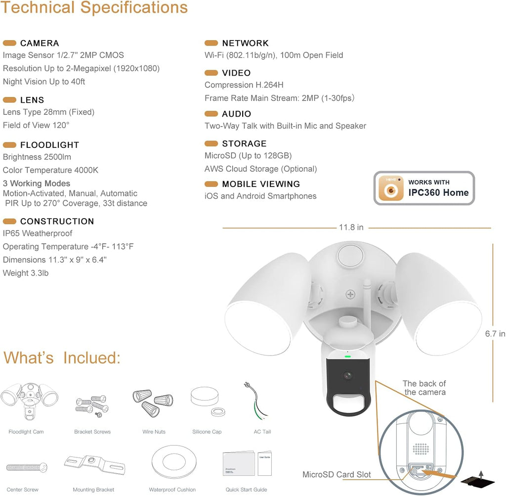 White Motion Sensor Floodlight Camera 1080P Security Cam M2045