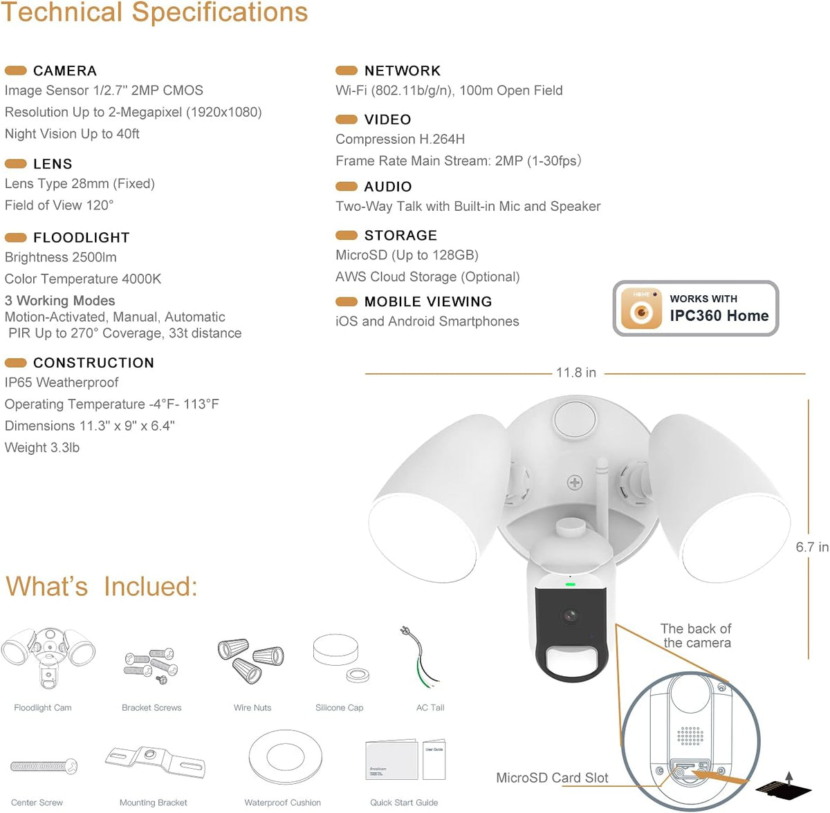 White Motion Sensor Floodlight Camera 1080P Security Cam M2045