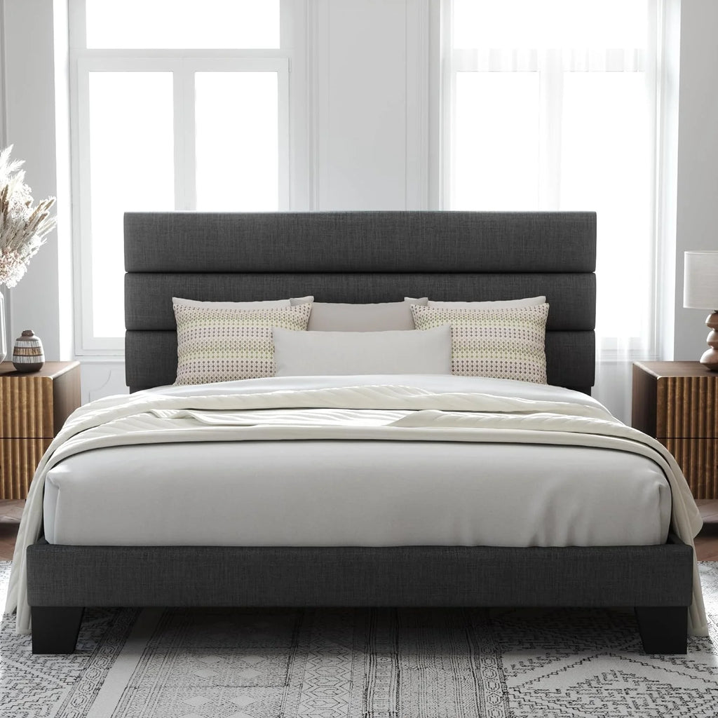 King Fabric Upholstered Platform Bed Frame with Wooden Slats F5910