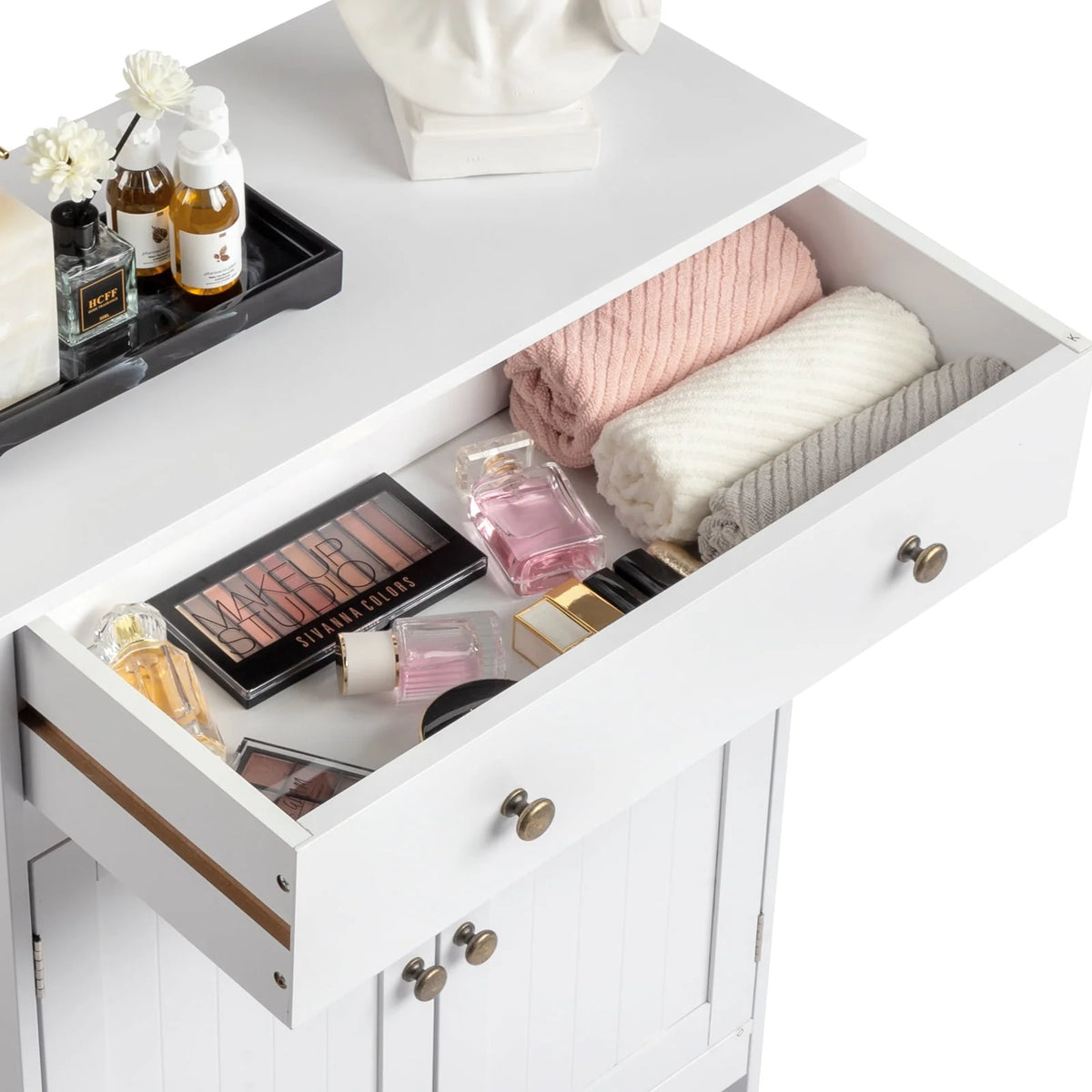 White Wooden 2-Door Bathroom Cabinet with 1 Drawer F3956